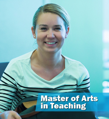 Master of Arts in Teaching Banner with a student smiling in a classroom.